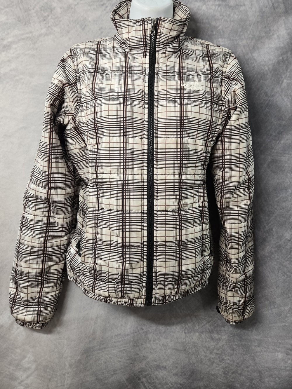 The North Face Plaid Puffer Jacket in Cream and Brown